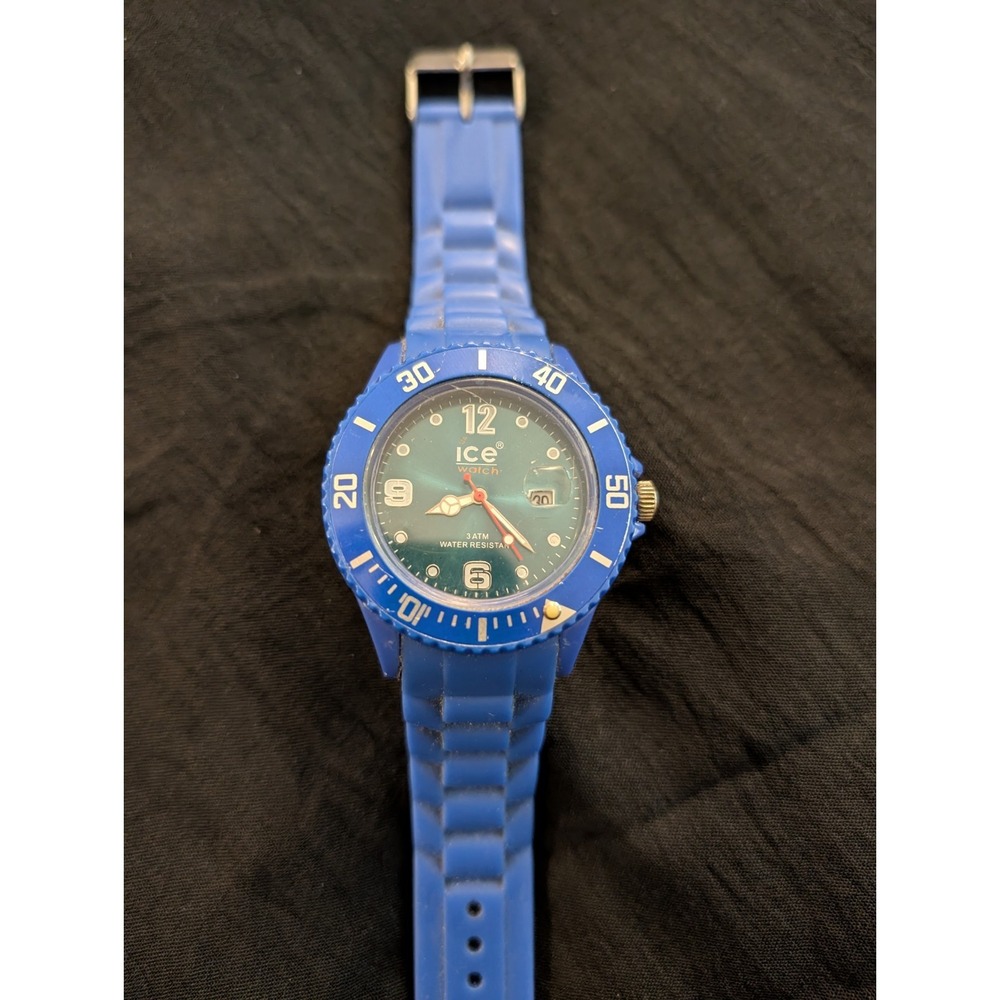 Unisex Ice-Watch Round Blue Dial‎ Rotating Bezel WR 10ATM Date Silicone Watch 08